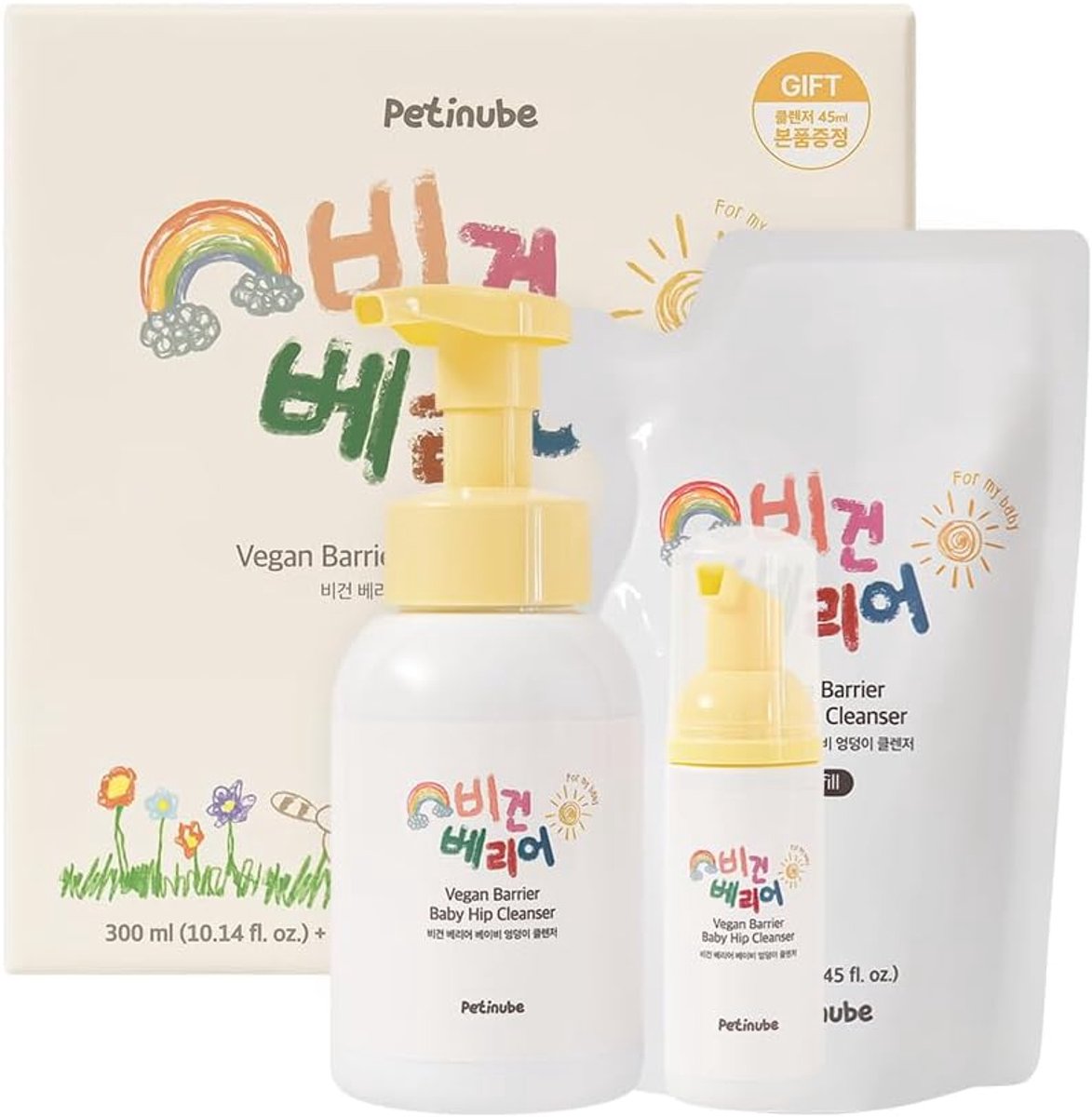 SnelShoppen - Veganistische Babyheupreinigingsset 300 ml + Navulverpakking 250 ml + Reisformaat 45 ml - Zachte Intieme Reiniger voor Pasgeborenen - Id