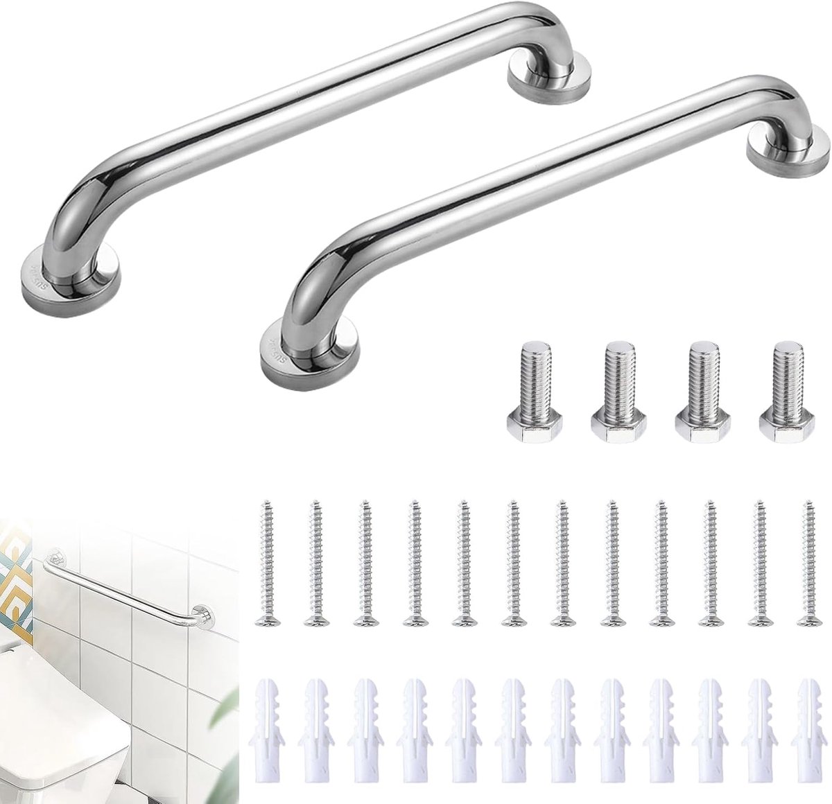 SnelShoppen - RVS Handgrepen voor Senioren, 30 cm, Antislip Handgreep, Veiligheidsbeugel voor Douche, Badkuip, Keuken, Toilet en Trappen, Set van 2