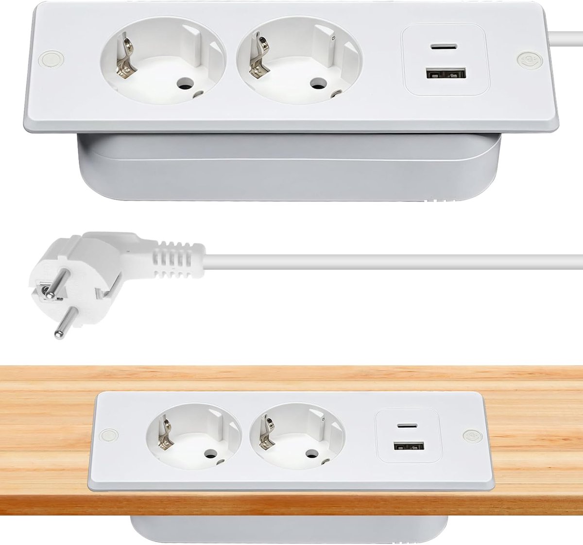 SnelShoppen - GAOUTO Tafelstopcontact met 2 USB C, Ingebouwd Stopcontact met 2-Weg Flush Socket, 1.5 m Kabel voor Conferentietafel, Werkplek - Wit