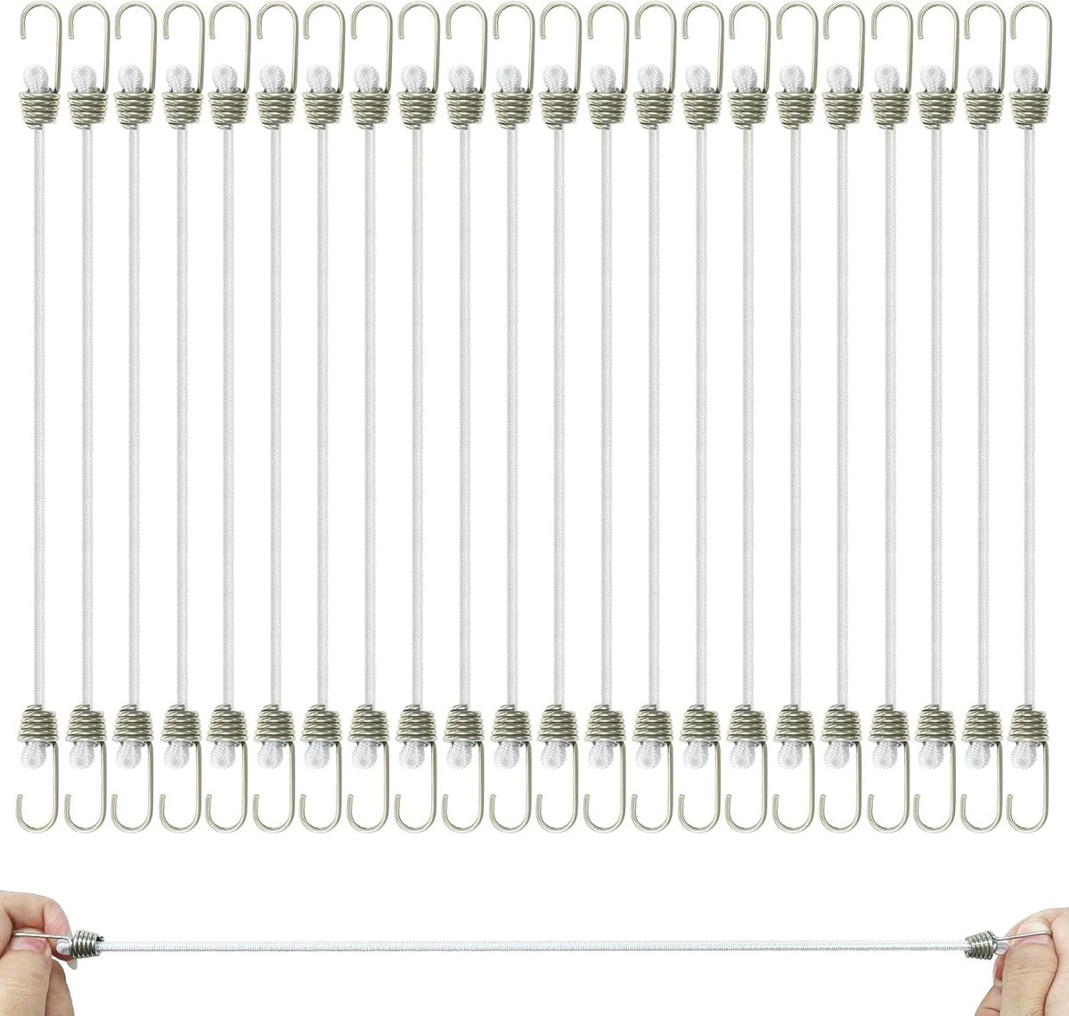 SnelShoppen - 22 Stuks Witte Bungee Cords met Haakjes, 25cm Mini Elastische Riemen, Sterke Rubber Bungee Lijnen voor Camping, Luggage, Auto, Tent, Fie