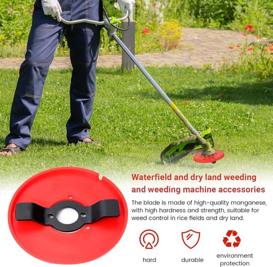 Onkruidbestrijding in waterrijke en droge gebieden met deze accessoires. Zwarte 2-tands kop op rode schijf.
