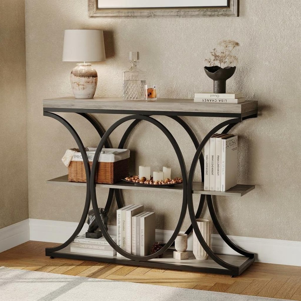 3-laags smalle sidetable voor entree en woonkamer, industrieel modern banktafeltje met wit marmerblad en gouden ruitvormig metalen frame, open opbergplanken en waterbestendig decoratietafeltje