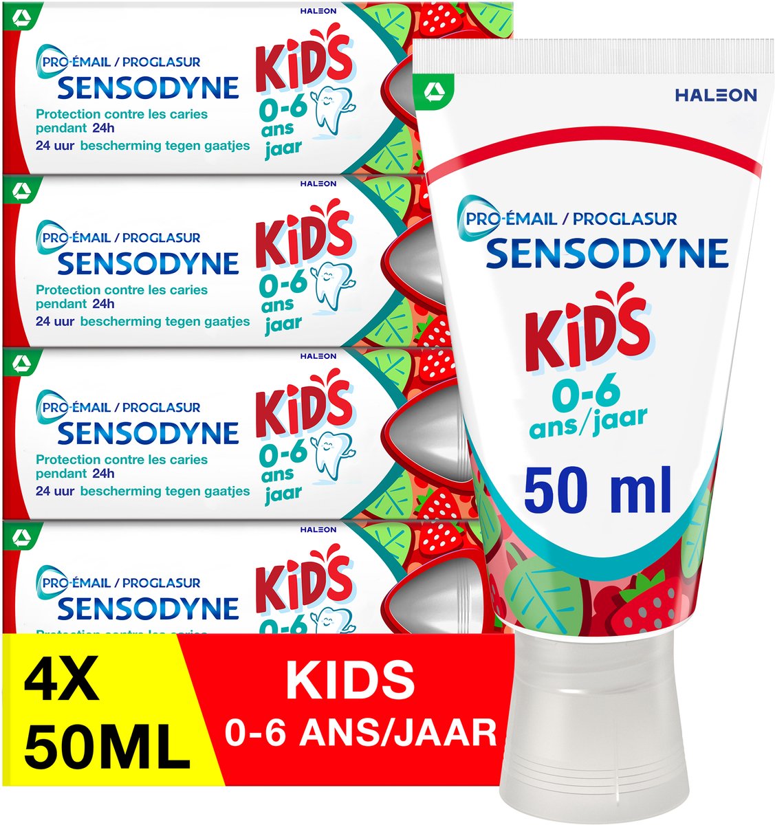 Sensodyne Proglasur Kids 0-6 Jaar - Tandpasta voor Kinderen - 24 Uur Bescherming tegen Gaatjes - Helpt tegen Glazuurslijtage - Versterkt en Remineraliseert Verzwakt Tandglazuur - Bevat Fluoride - Aardbeiensmaak - Suikervrij & Vegan Friendly - 4x 50ml
