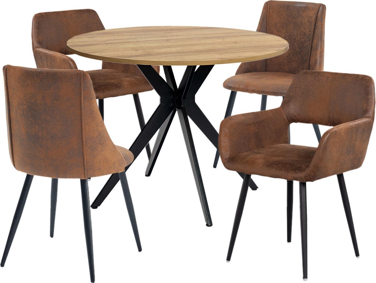 Eethoek - Ronde Houtlook Tafel En 4 Industriële Mix Stoelen - Bruin