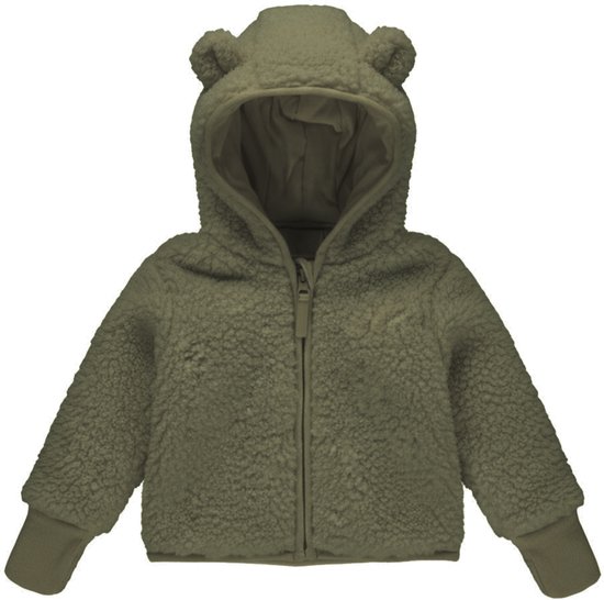 Groene teddy jas met capuchon met oortjes en ritssluiting, van voren gezien.