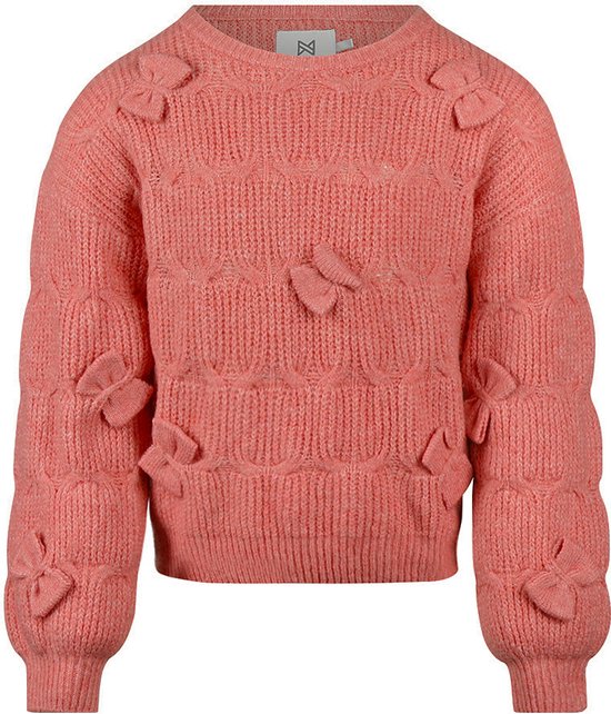 Roze gebreide meisjes trui met kabels en strikjes op de mouwen en voorkant. Ronde hals en lange mouwen.