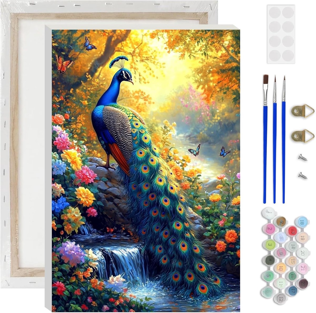 SnelShoppen - Airdea Schilderen op Nummer voor Volwassenen, Waterval en Pauw Schilderij DIY Kit, Acrylverf, 20x30cm met Penselen en Handleiding, Creat