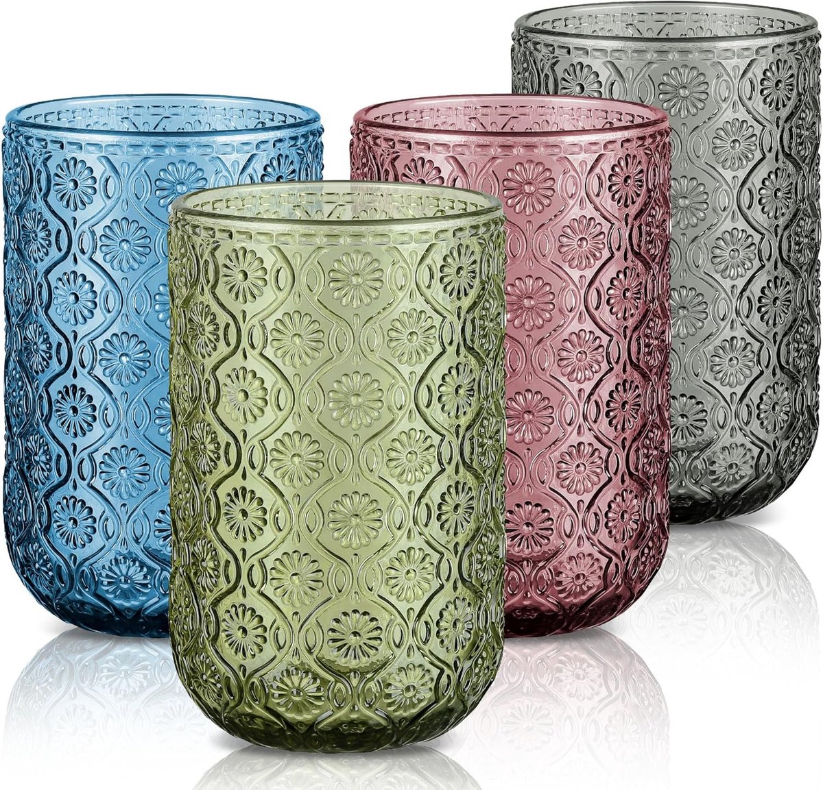 SnelShoppen - Set van 4 Vintage Embossed Hoge Glazen 410ml - Retro Hoogballon Glazen voor Whisky, Cocktails, Bier, Sap - Multikleur - Perfect voor Fee