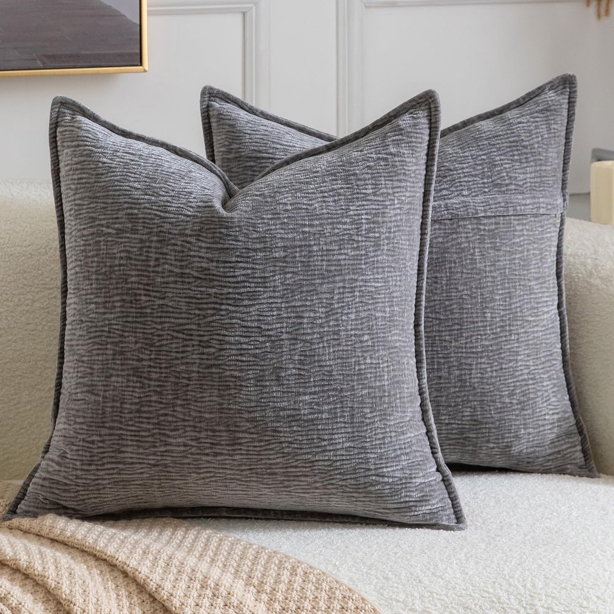 SnelShoppen - Set van 2 Kussenslopen 50x50cm Grijs - Zachte Chenille Kussenhoezen met Flensrand voor Sofa, Slaapkamer en Woonkamer