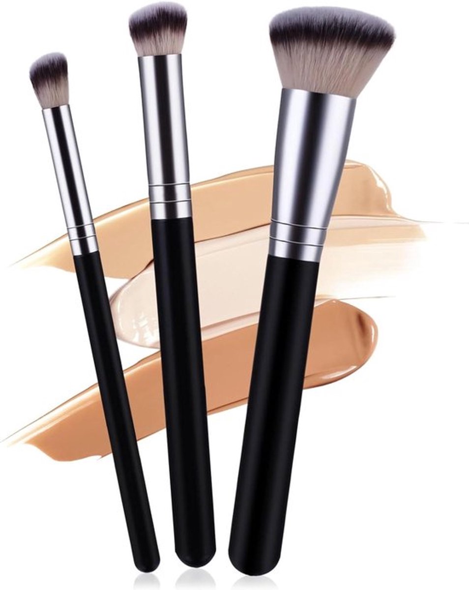Set van 3 professionele make-upkwasten - Synthetische vezels - Voor vloeibare foundation, crème, poeder en rouge