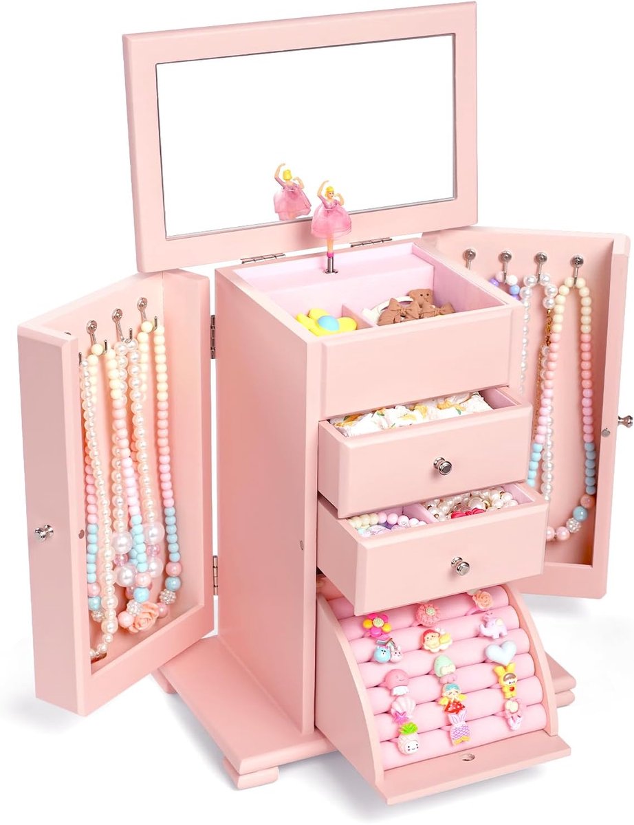 SnelShoppen - Meisjes Sieraden Doos 4 Laags Muziekdoos Houten Kinderen Verjaardagscadeau Roze Met Dancer