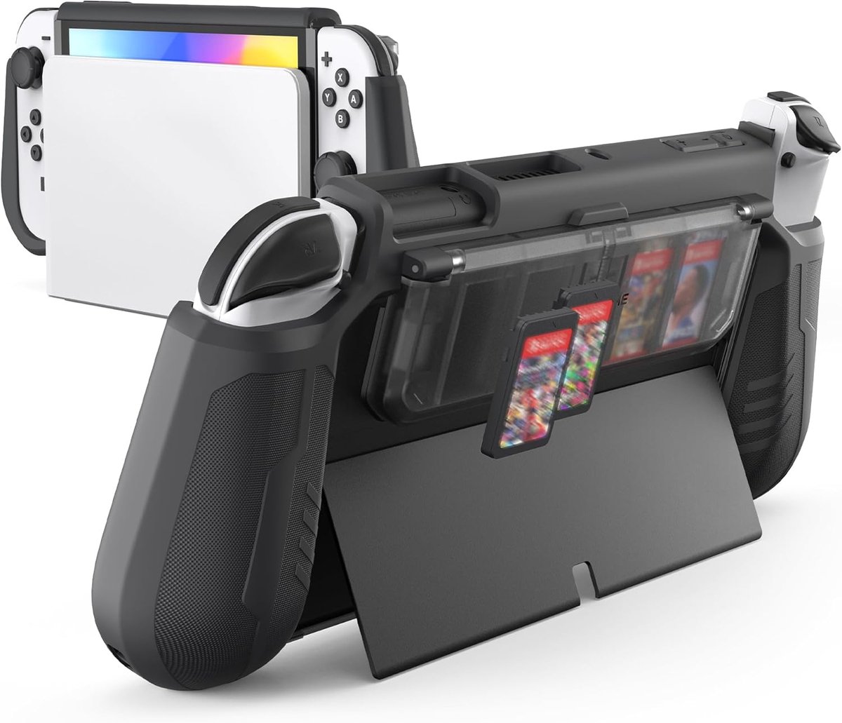 SnelShoppen - Dockable Case voor Switch OLED Model 2021 - Ergonomische TPU Grip, Flip Design Game Card Houder, Zwart, Volledige Bescherming, Shock Abs