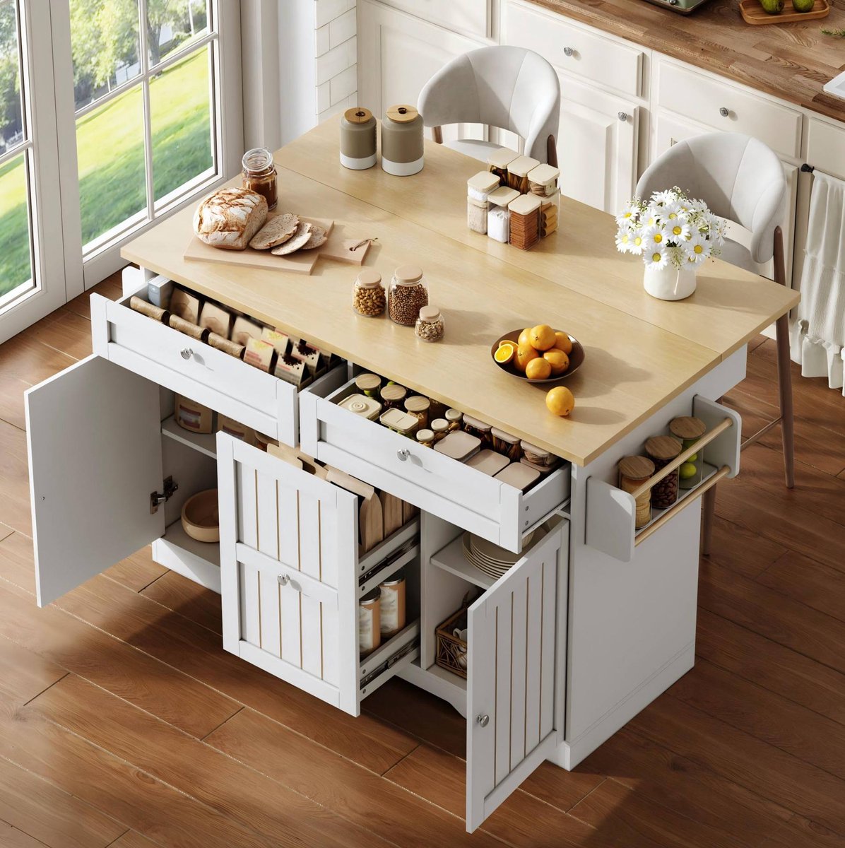 COVREO Keukenkast 120 x 45/70 x 92 cm – naturel en wit, MDF, met klapbaar werkblad en wielen