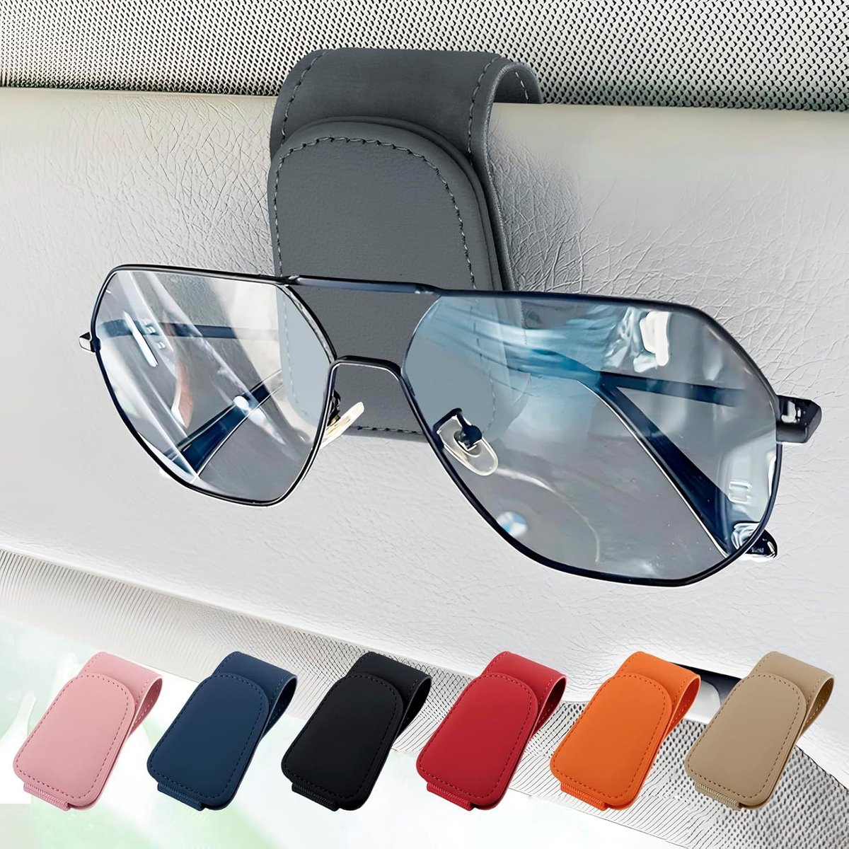 SnelShoppen - Car Sun Visor Zonnebril Houder - Magnetische Leren Brilhouder - Zonnebril Hanger met Ticket en Kaart Clip - Universele Auto Accessoires