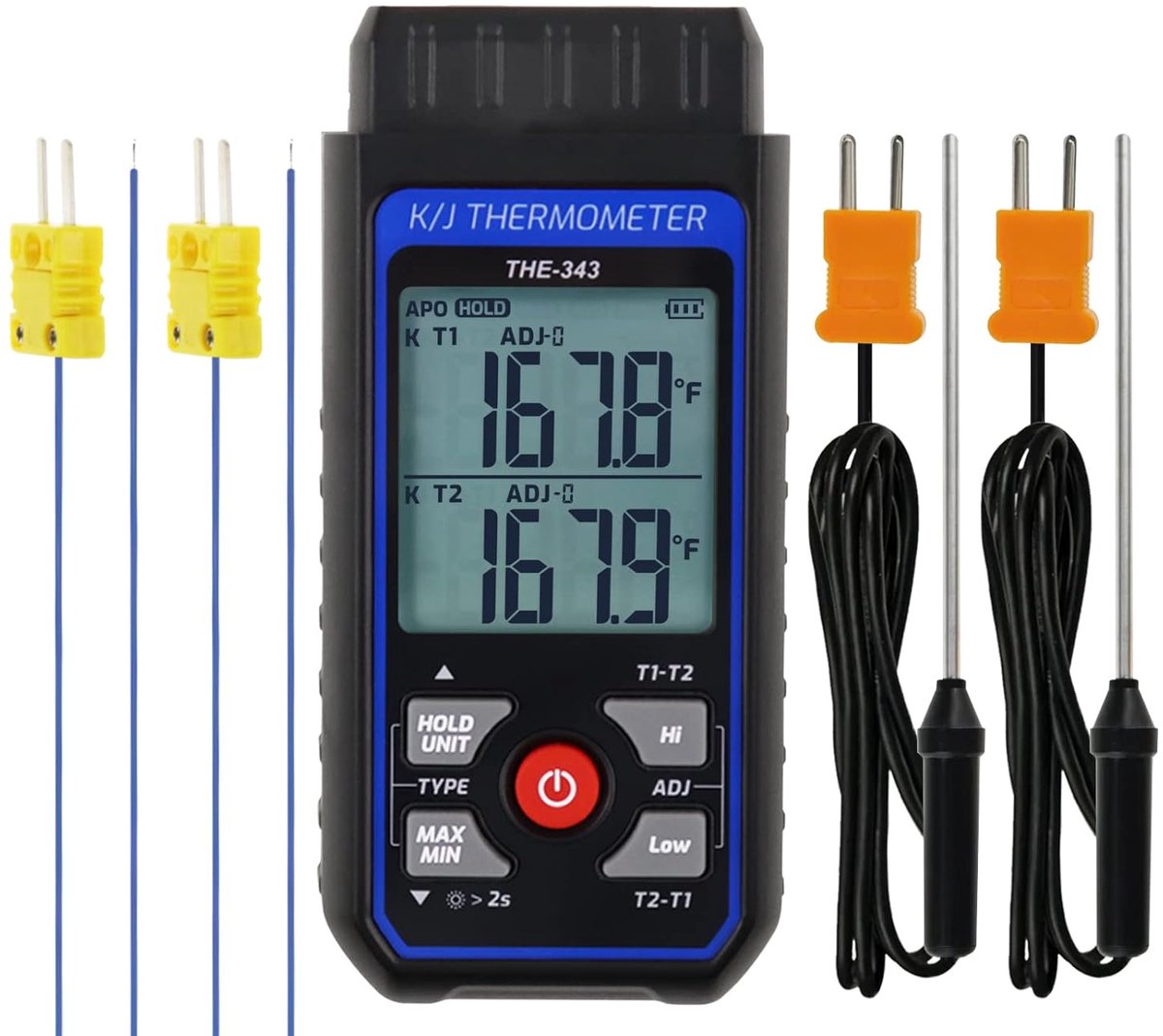 SnelShoppen - Digitale K Type Thermometer met 4 Thermokoppels, -328~300°F Meetbereik, HVAC Thermometer met Dubbele Kanalen, LED Achtergrondverlichting