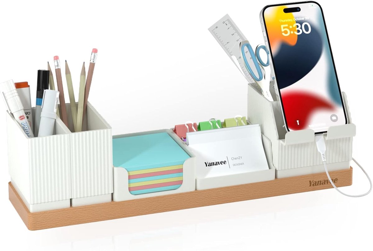 SnelShoppen - Desk Organizer met Aanpasbare Telefoonhouder, Pennenhouder, Visitekaartjeshouder, Potloodhouder, Sticky Note Tray, Multifunctionele Bure