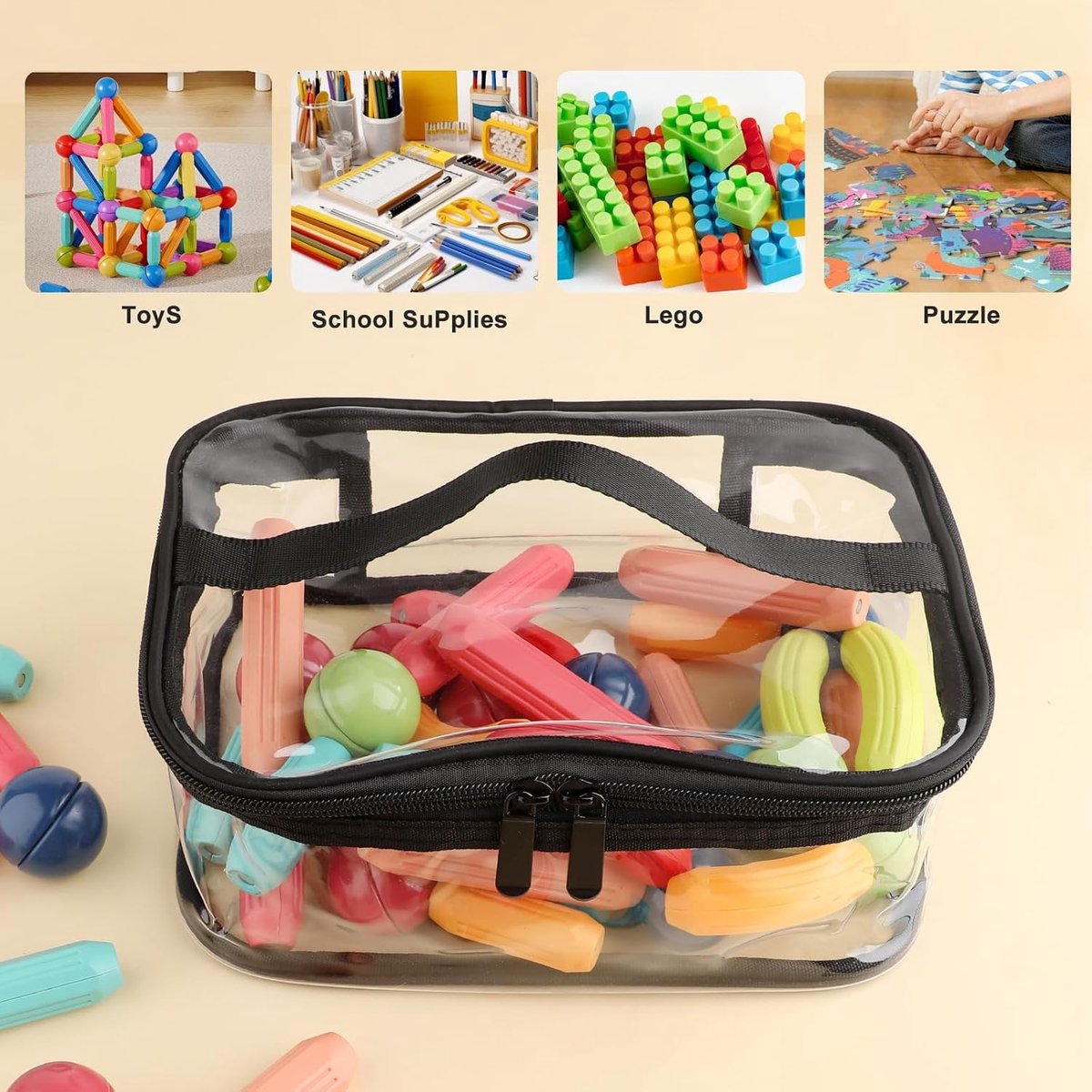 SnelShoppen - 6 Pcs Kleine PVC Opbergzakken - Transparante Waterdichte Make-up Tassen met Handvat - Ideaal voor Speelgoed, Toiletten en Reizen - 6 Kle