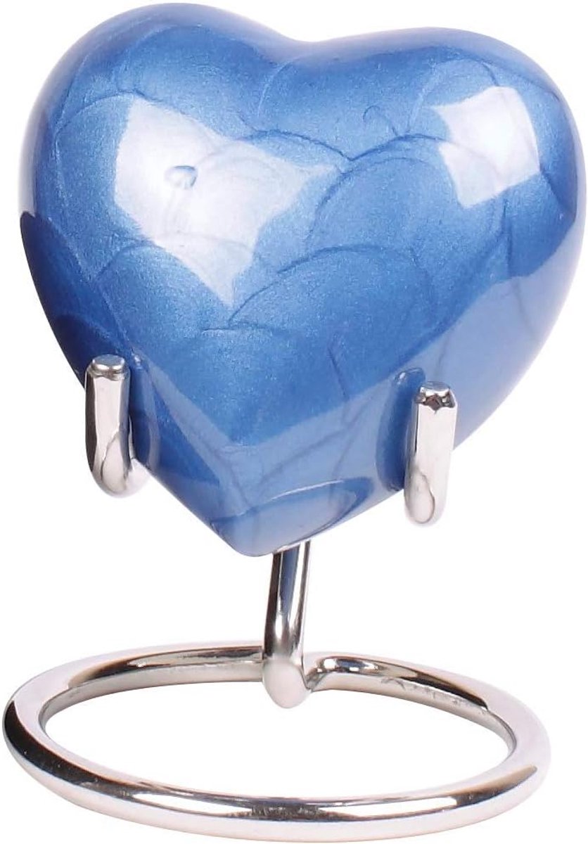 SnelShoppen - Mini Hart Urn voor As, Blauwe Aluminium Crematie Urn met Verbeterde Deksel, Herinneringsurn met Standaard en Luxe Doos - 3 Inch