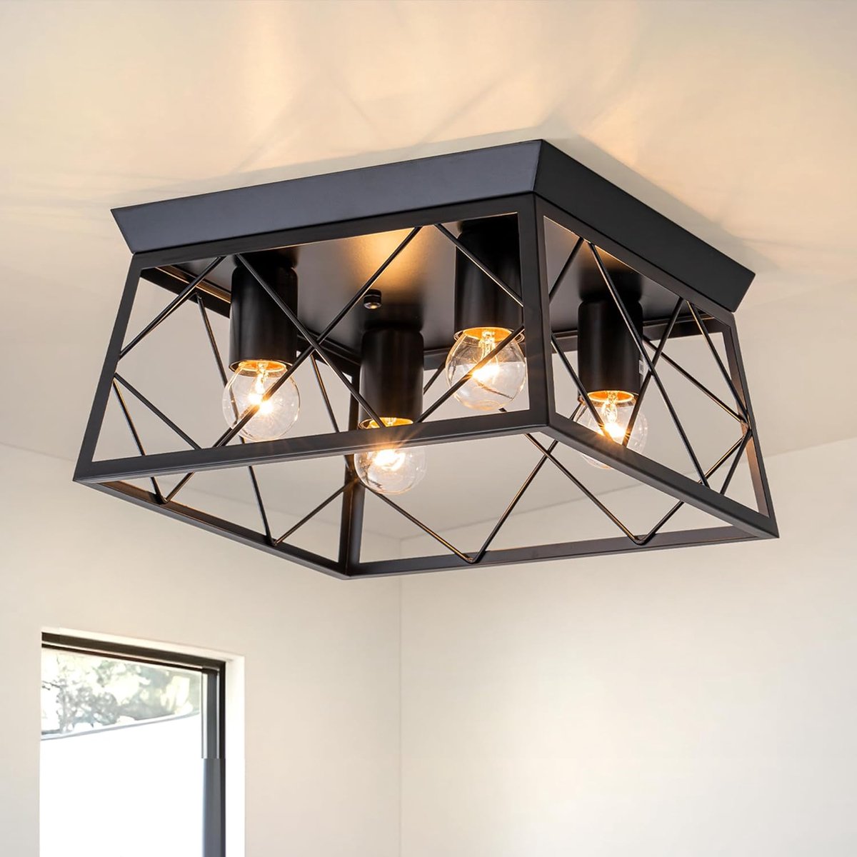 SnelShoppen - Industriële Zwarte Plafondlamp 30x25x16 cm - Vierlampen Verlichting - Vintage Stijl - Duurzaam Metaal - Perfect voor Woonkamer, Keuken,