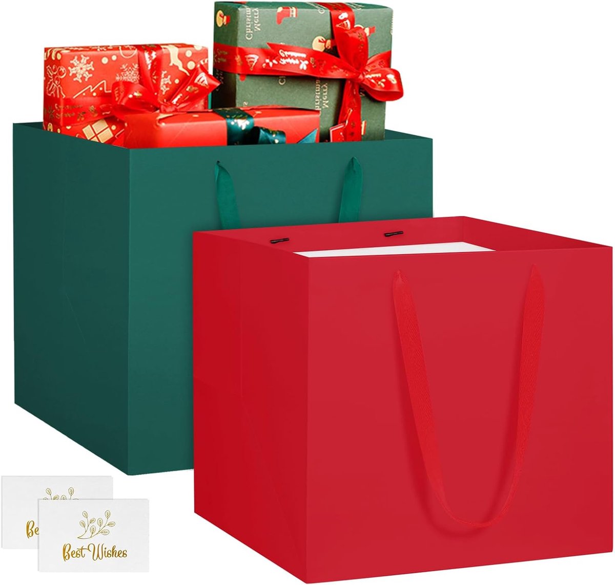SnelShoppen - 2 Stuks Grote Cadeautassen Papier met Handvatten 25x25x25cm - Rood Groen - Perfect voor Feest, Bruiloft, Kerst, Cadeaus, Bloemen, Taart