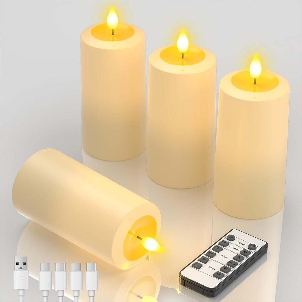 SnelShoppen - Oplaadbare LED Kaarsen met Afstandsbediening - 4 Stuks Flameless Pilaren met Timer en Blazgat voor Kerst Halloween Sfeer Decoratie