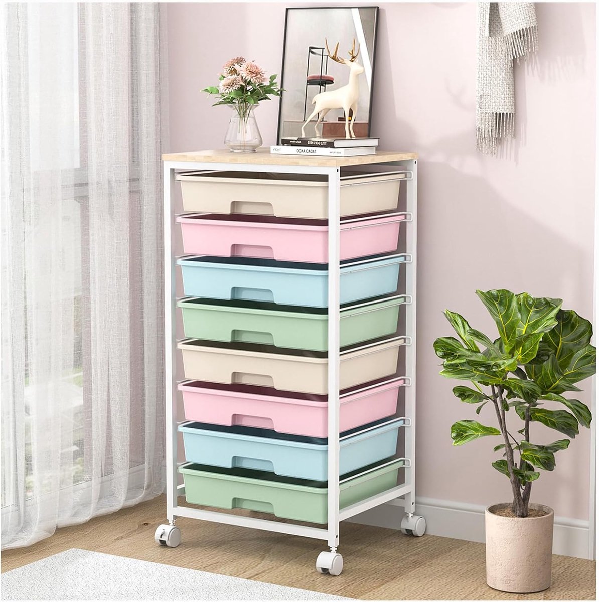SnelShoppen - Multifunctionele Bath Roll Trolley met 8 Lades - Ruime Rollende Opbergwagen met Houten Bovenblad voor Woonkamer, Slaapkamer, Kantoor - K