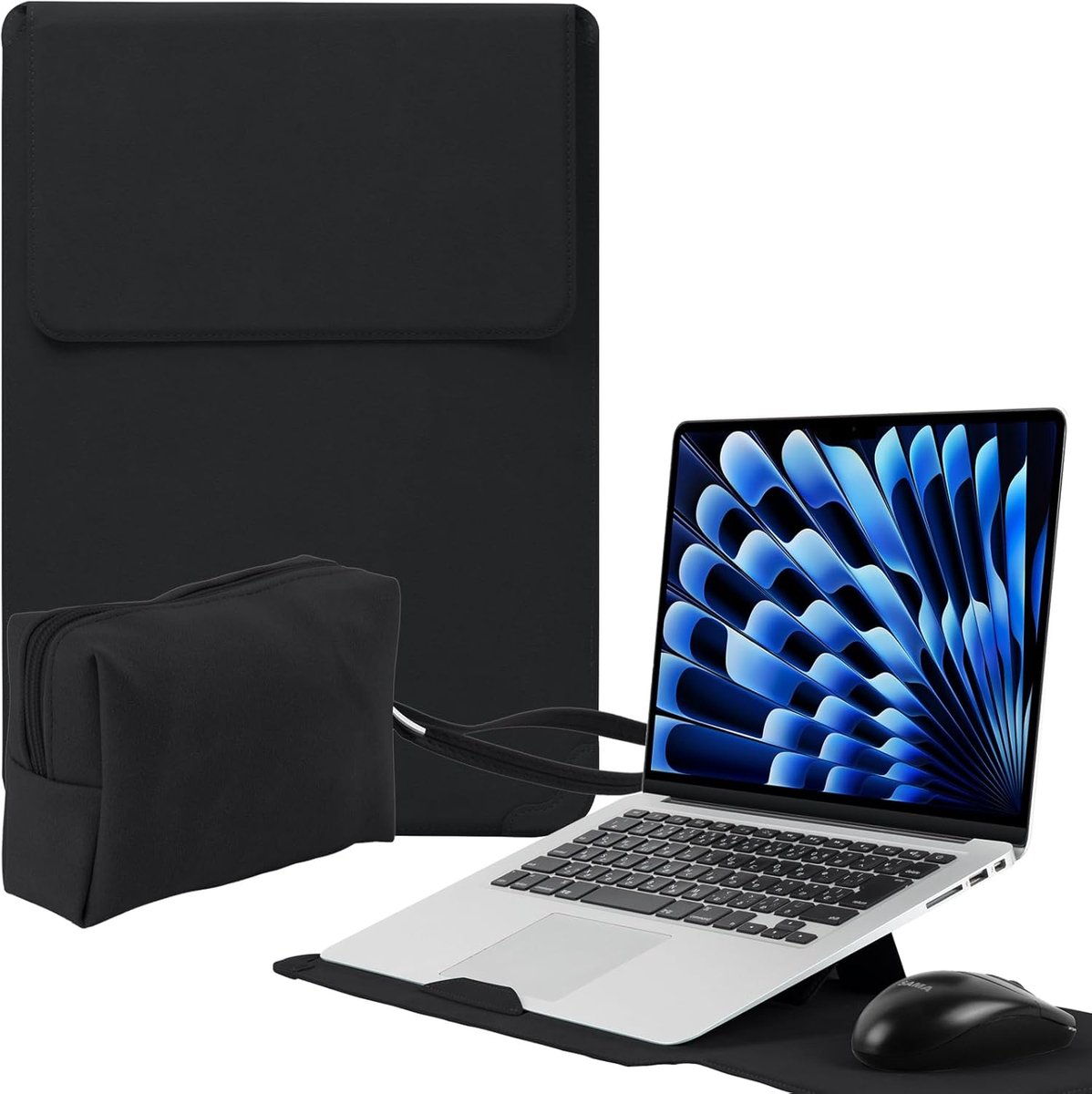 SnelShoppen - Laptop Sleeve 15-16 Inch voor MacBook Pro/Air 16"/15" 2019-2025, Matte PU Leer met Standfunctie, Zwart, Bescherming & Stijl