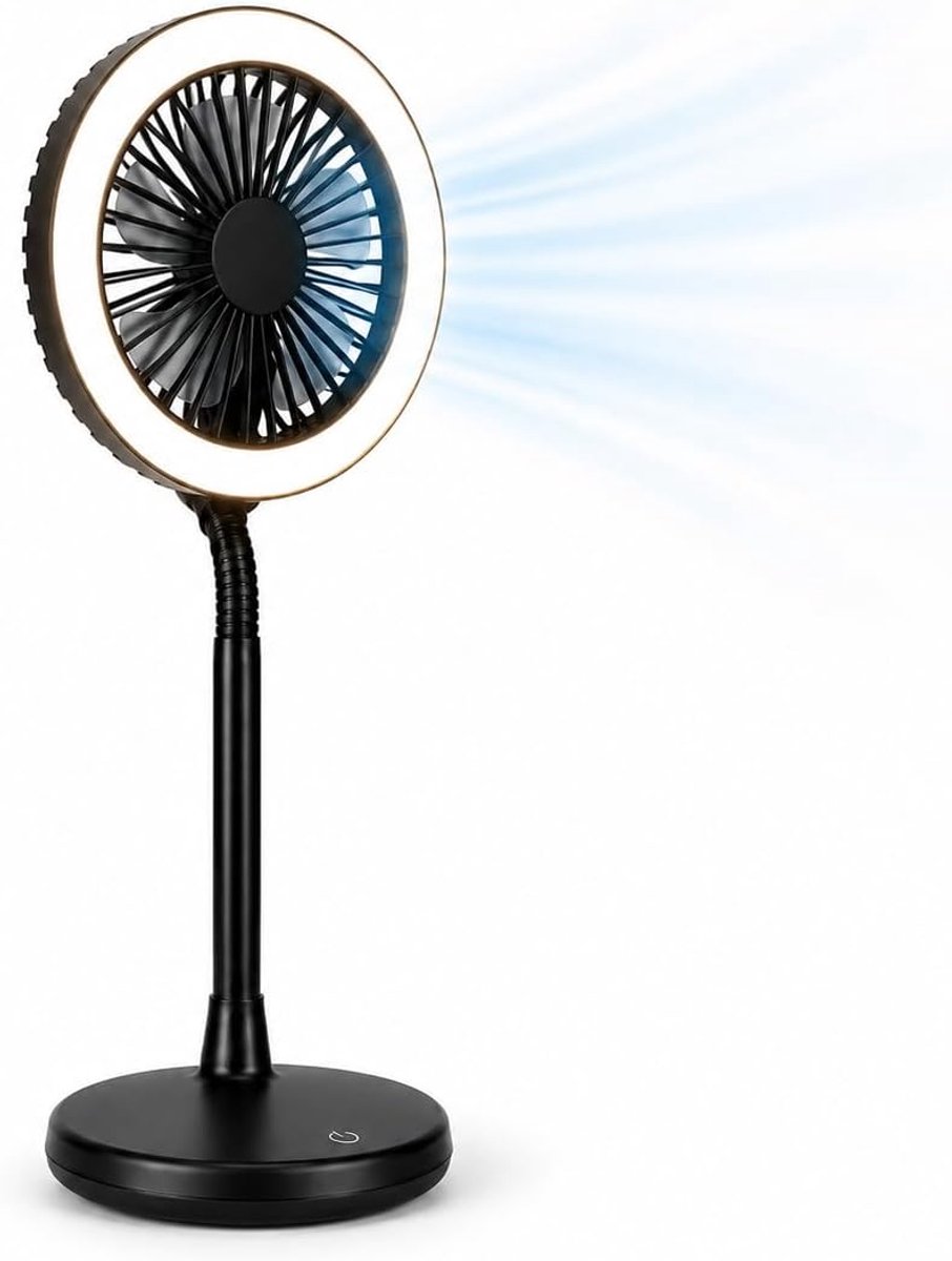 SnelShoppen - Ventilator met LED-lamp, 3 standen, compact, zwart, 18 geïntegreerde LEDs, lichtgewicht ABS, 12x12x31 cm, ideaal voor kantoor, slaapkame