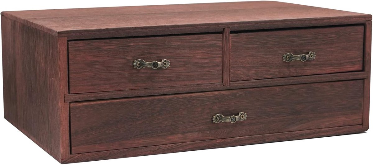 SnelShoppen - Houten Bureau Organizer met 3 Laden, Opslagdoos met Compartimenten, Compacte Berging voor Kantoorbenodigdheden 33 x 23 x 15 cm