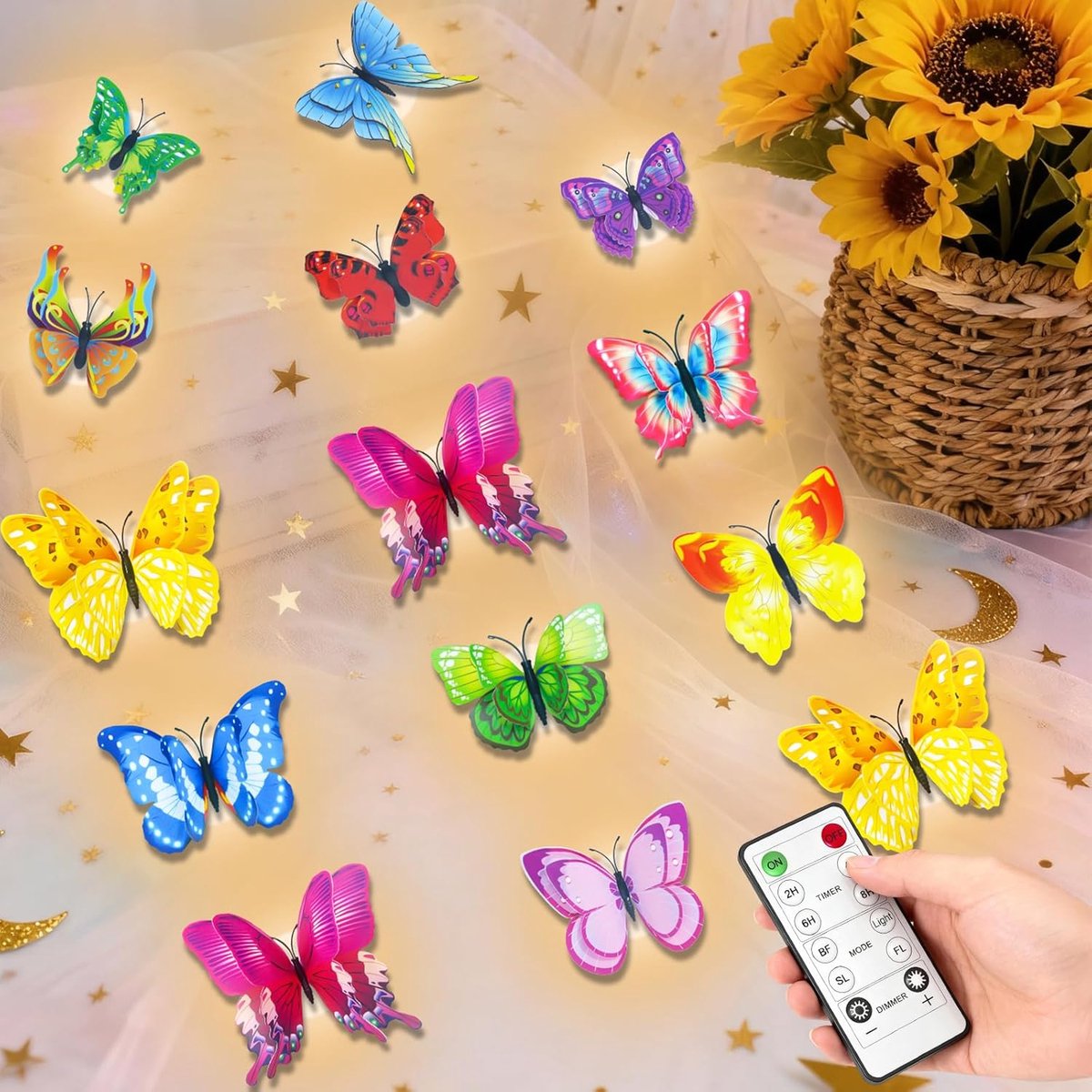 SnelShoppen - 3D Vlinder Wandstickers met Magneet, 12 Warm Witte LED Rondelichten met Afstandsbediening, Zelfklevende Pads voor Wanddecoratie Slaapkam