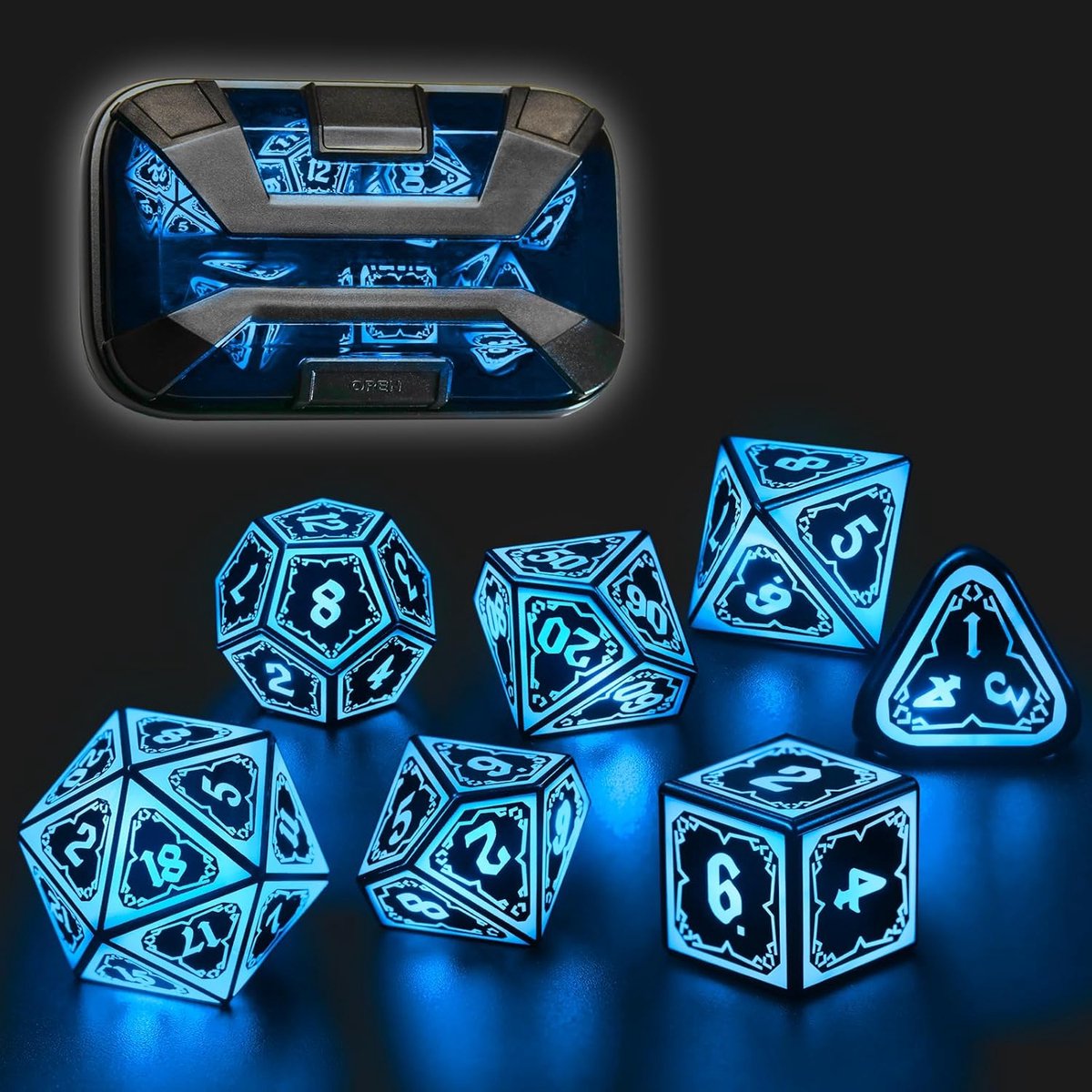 SnelShoppen - Verlichte DND Dobbelstenen Set voor Dungeons and Dragons, 7 Stuks Oplaadbare LED Polyeder Dobbelstenen met Oplaadstation (Astral Sharp B