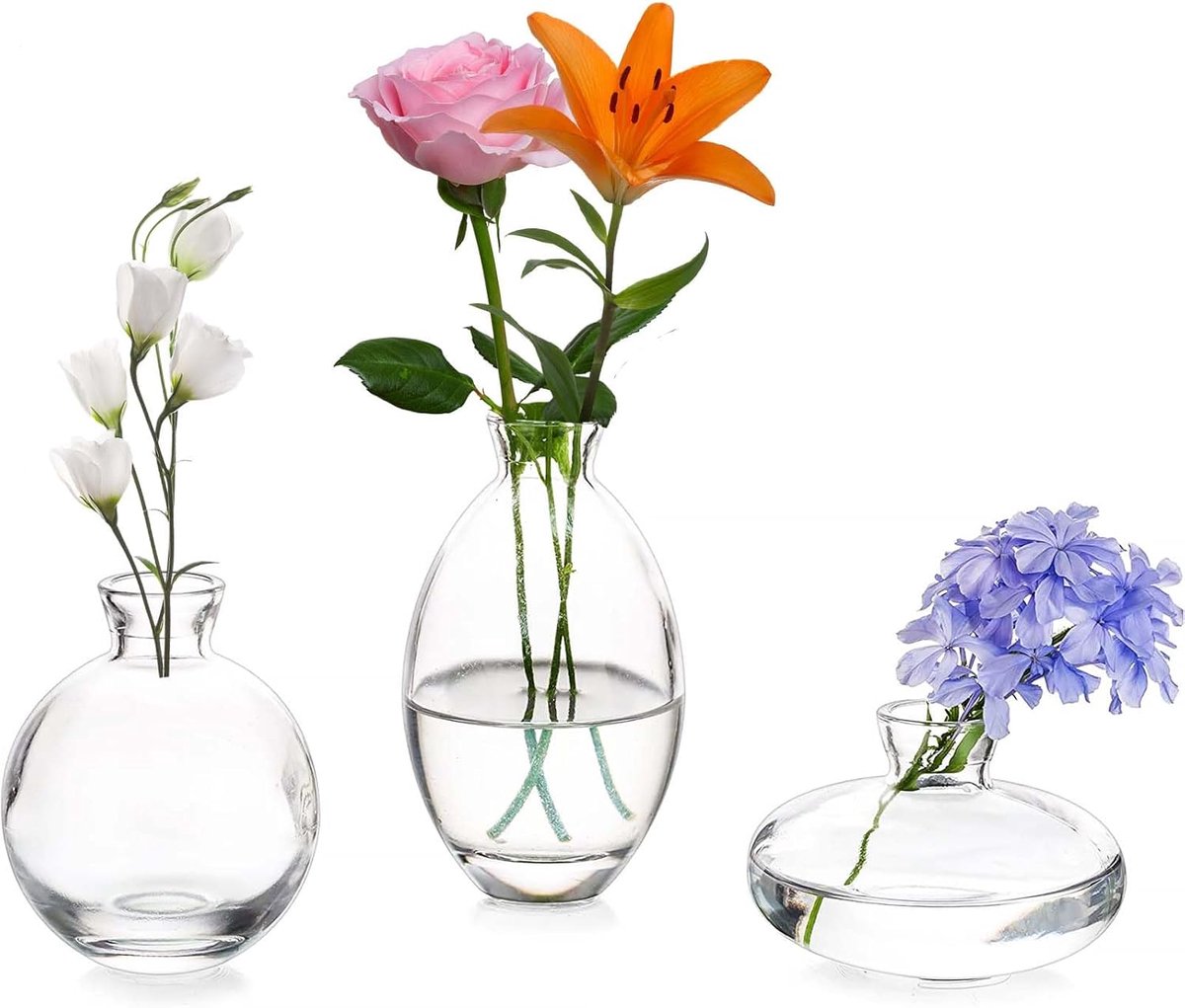 SnelShoppen - Set van 3 Handgemaakte Glazen Bloemenvazen - Decoratieve Vazen voor Tafel, Bruiloft, Slaapkamer, Verjaardag - Transparant Design - Hoogt
