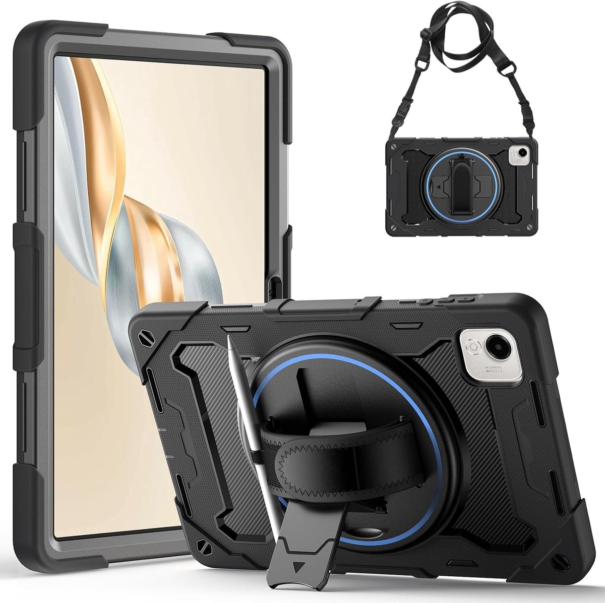 SnelShoppen - Rugged Protective Case voor 11.5" Tablet, 3-Laags Structuur met Swivel Kickstand en Hand- en Schouderband, Ideaal voor Honor Pad X9a 202