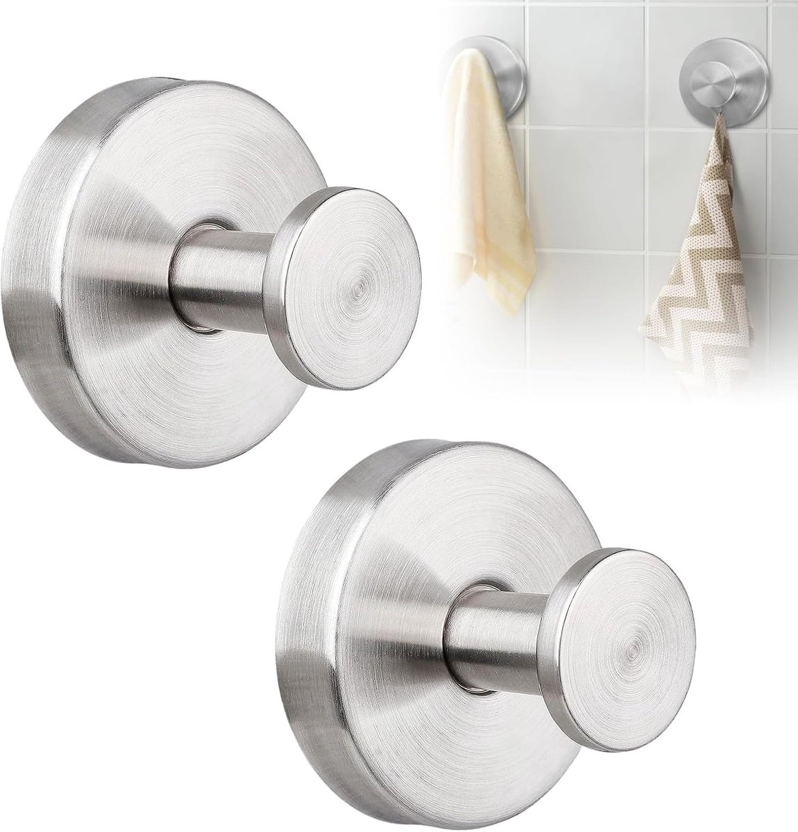SnelShoppen - 2 Pcs Suction Cup Hooks - Sterke Wandhaken - RVS en PVC - Badkamer en Keuken - Handdoek- en Badjas Haken - Zilver