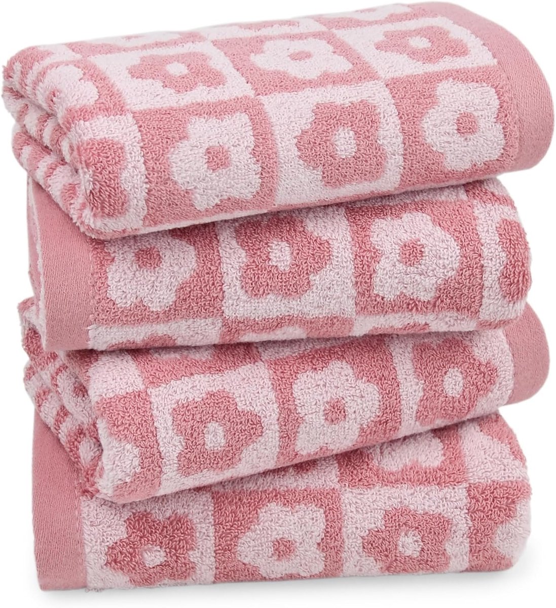 SnelShoppen - Sneldrogende Katoenen Handdoeken Set van 4, Roze Ruit Bloemen, 29 x 13 Inch, Zacht en Absorberend voor Vrouwen, Meisjes, Moeder, Dochter