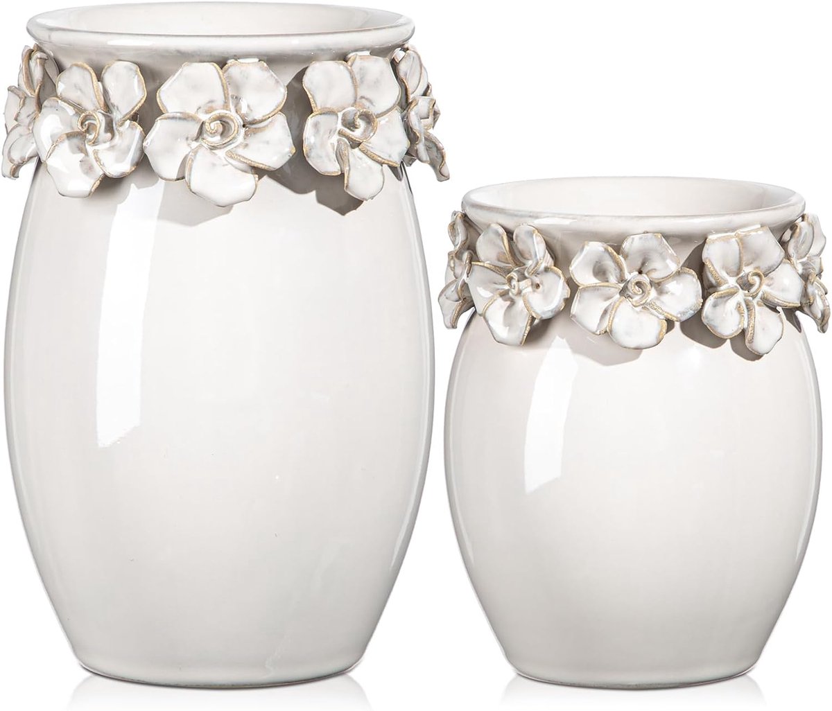 SnelShoppen - Set van 2 Keramische Vazen - Decoratieve Bloemenvazen in Vintage Stijl - Witte Vazen voor Pampasgras - Landhuisstijl voor Woonkamer, Sla