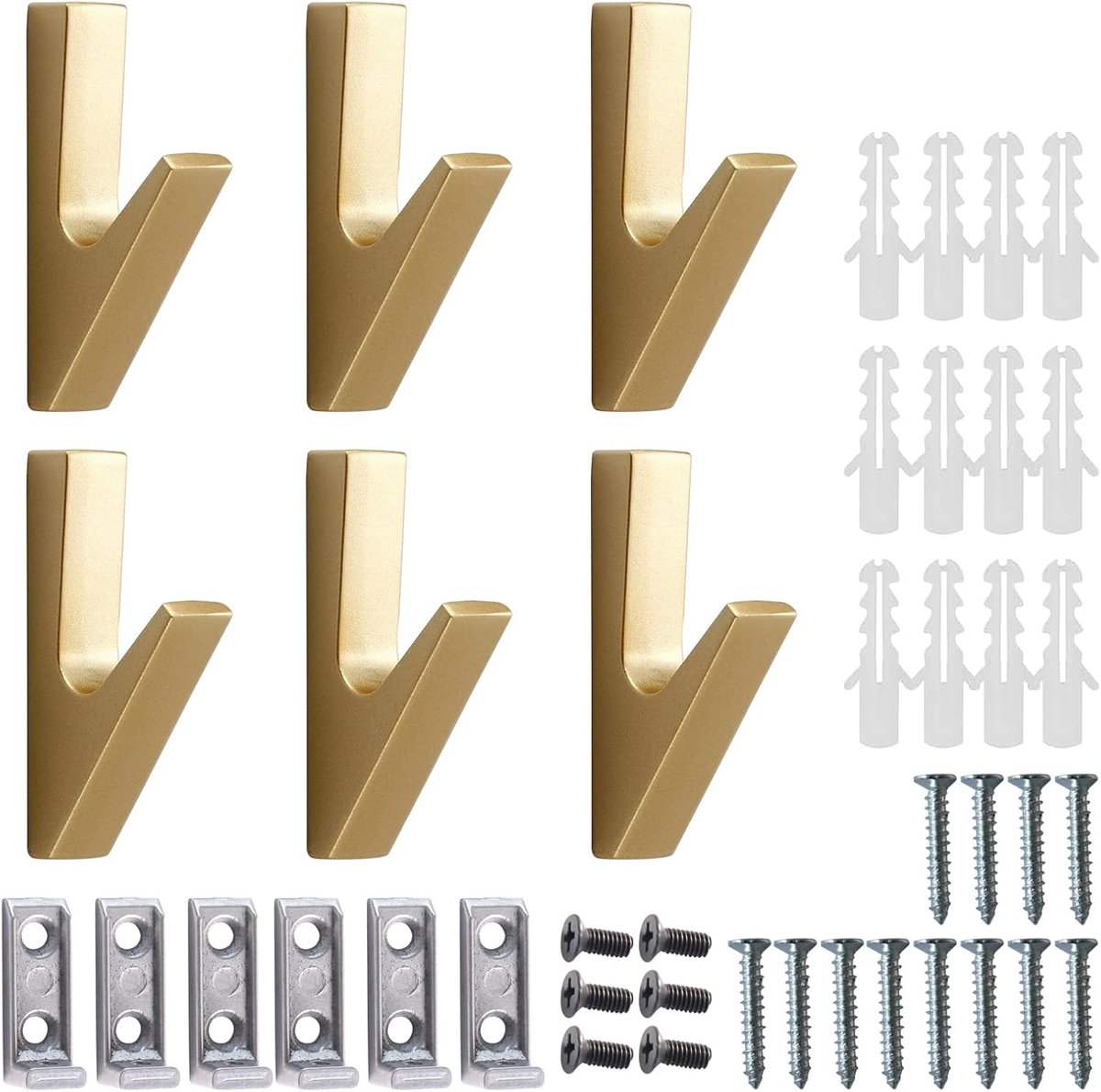 SnelShoppen - Gold Wardrobe Hooks - Set van 6 Aluminium Haakjes - Waterdicht, Roestvrij en Krasbestendig - Perfect voor Badkamers, Keukens, Foyers en