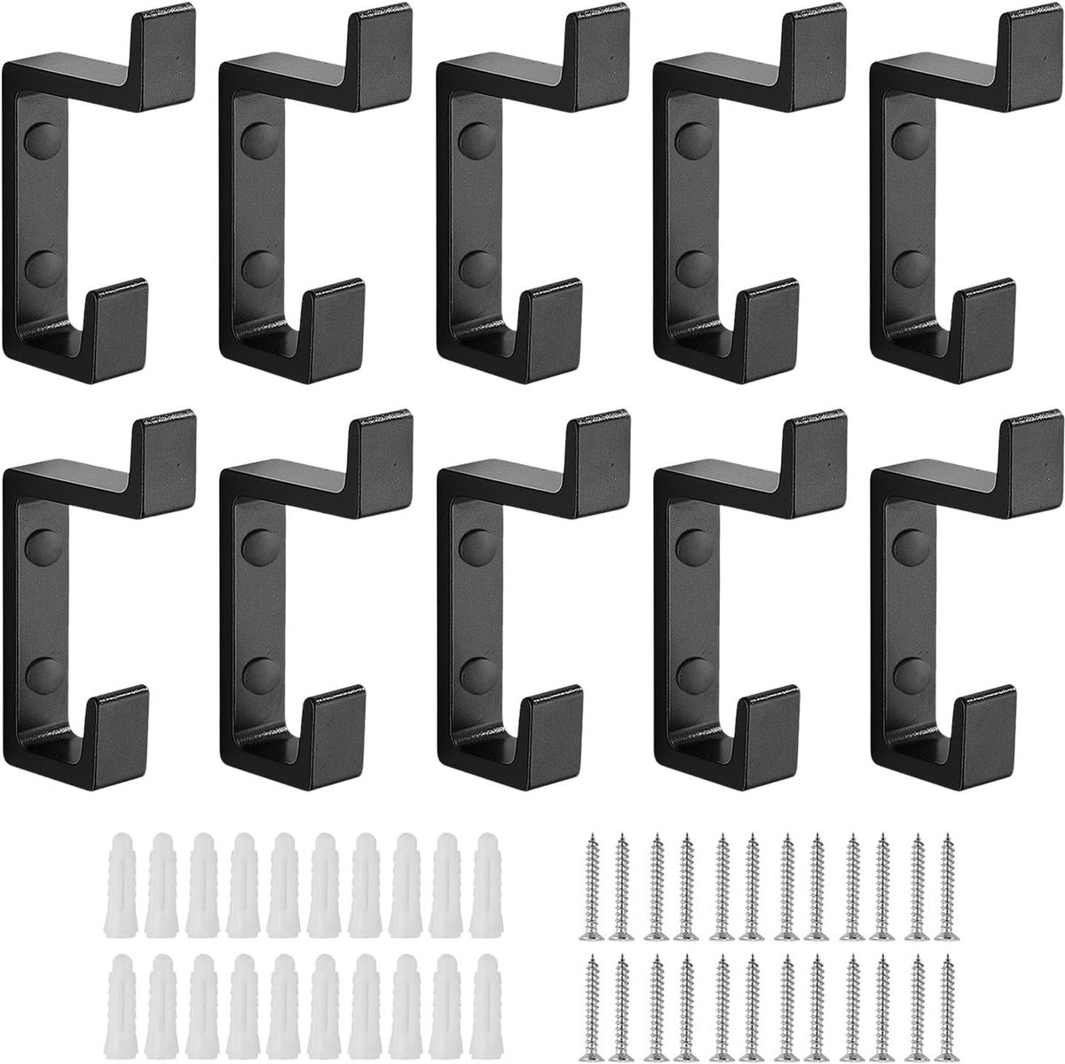 SnelShoppen - 10x Zwarte Acoustic Panels Kledinghaken - 15mm Breed Aluminium Dubbele Wandhaken voor Kleding, Badkamer, Slaapkamer - Inclusief Schroeve