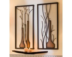Wanddecoratie raam vazen muurdecoratie metaal- Set van 2 metalen Wandkleed - sfeervol Wandobject  Muurdecoratie Woonkamer - Wandhanger & Muurhanger - Muurobject Wanddecoratie - Wandversiering Slaapkamer
