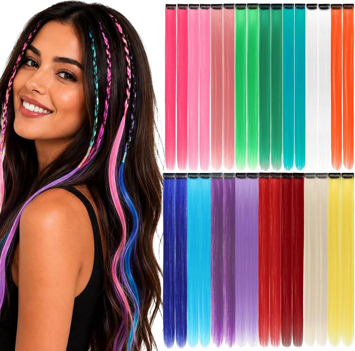 SnelShoppen - Clip-in Haar Extensions Kleur 16 Kleuren 32 Stukken, Hoogwaardige Synthetische Vezels, Gemakkelijk te Gebruiken voor Feest en Dagelijks