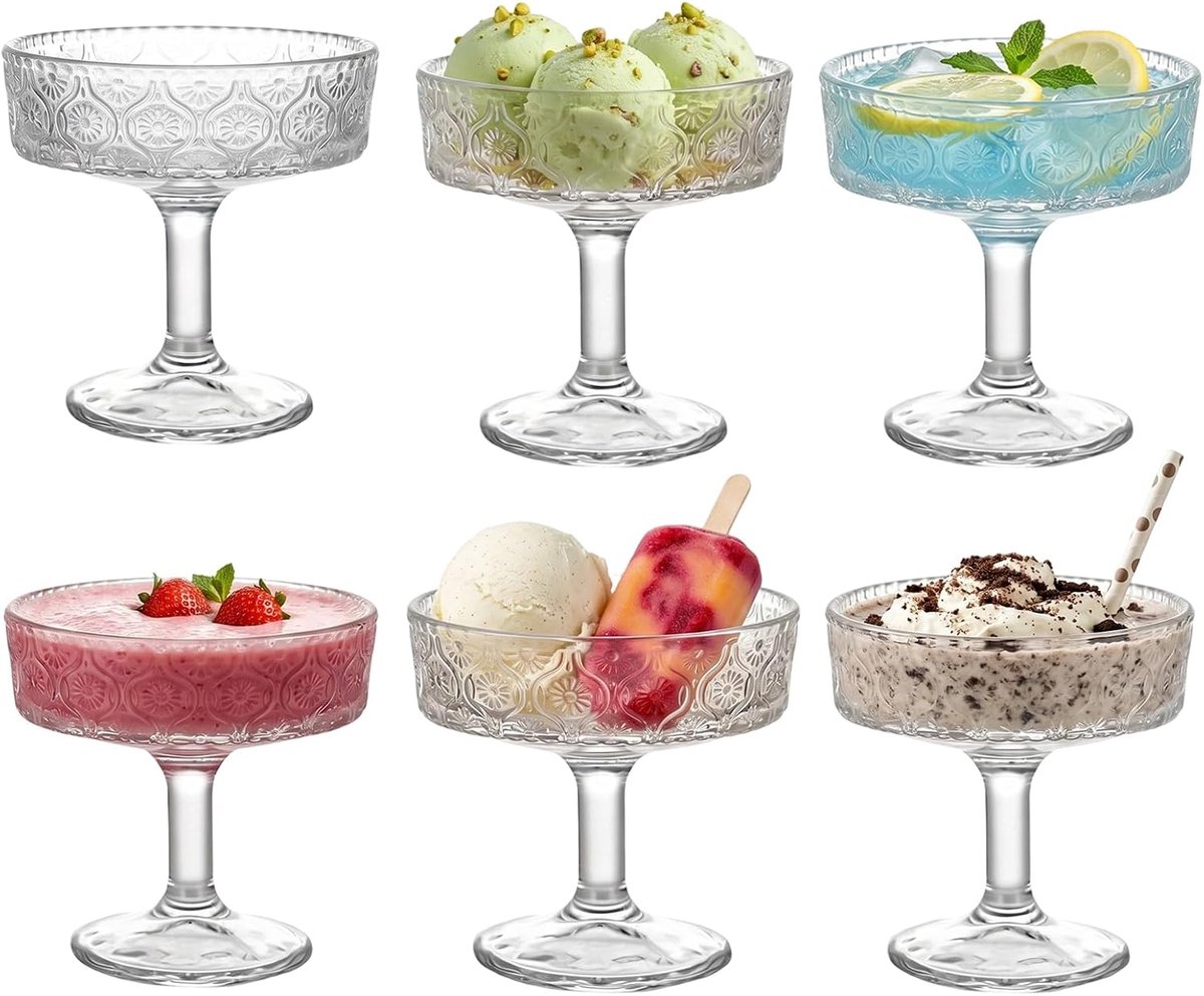 SnelShoppen - Set van 6 glazen dessertkommen 200 ml, martiniglazen, champagneglazen, ijsbekers met voet voor feestelijke gelegenheden en cocktails