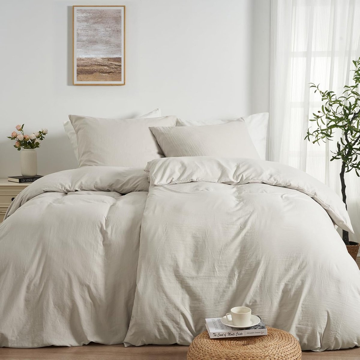 SnelShoppen - Bedlinnen 135x200 4-delig Beige, Superzachte Microfiber, Eco-Tex, 2 Dekbedovertrekken + 2 Kussenslopen met Rits, Ademend en Geschikt voo