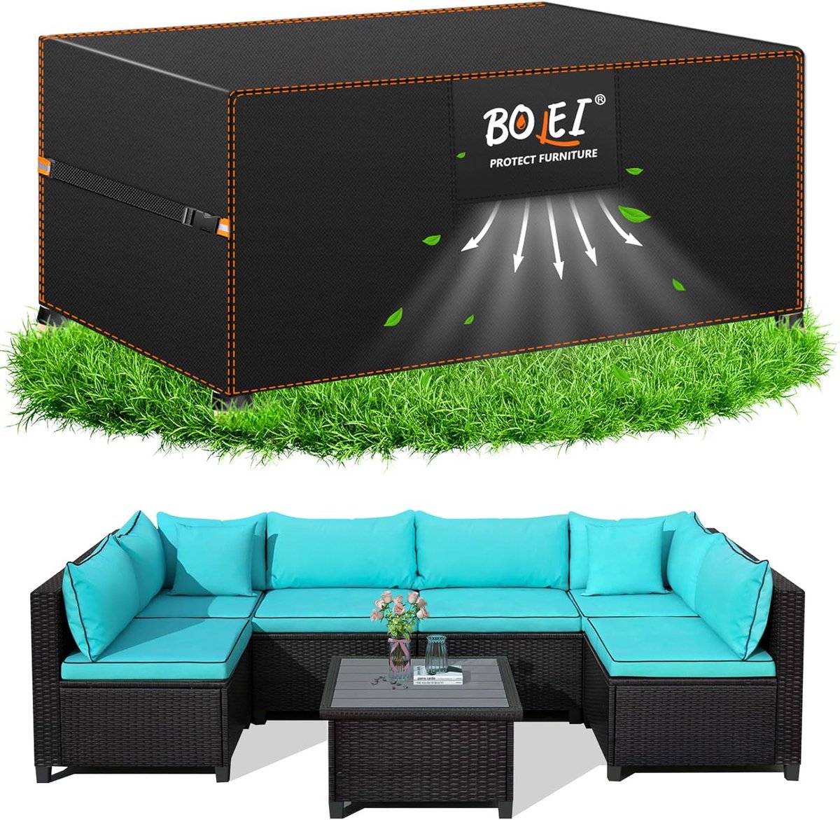 SnelShoppen - Beschermhoes voor tuinmeubels, winterproof, ventilatieopeningen, 420D Oxford stof, waterdicht, regenbestendig, winddicht, rattan meubels