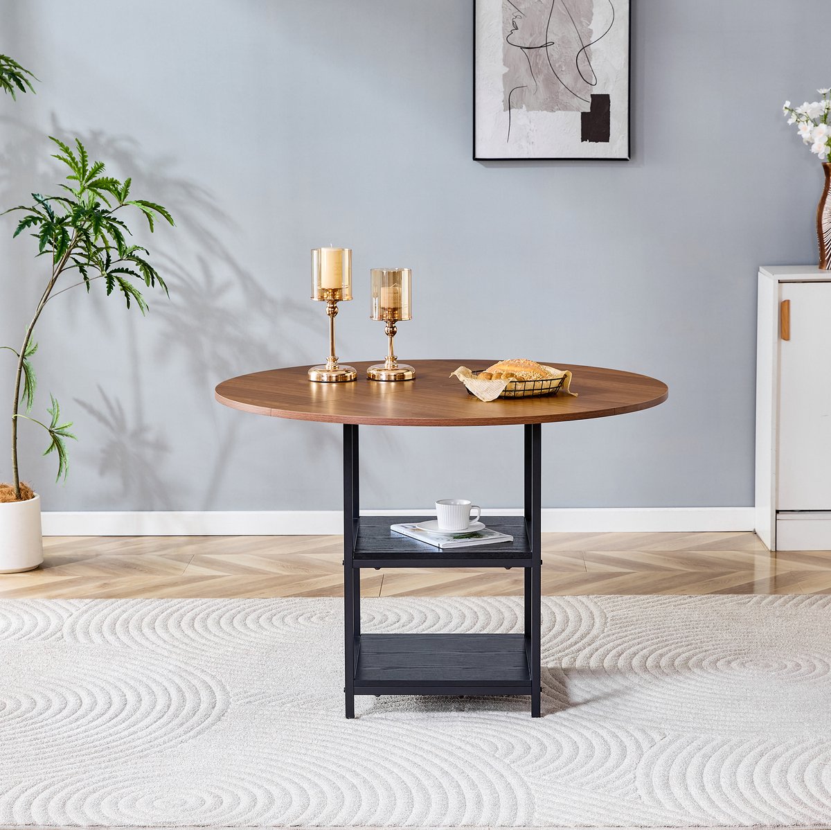 COVREO Ronde eettafel 107x107x75 cm - walnootlook MDF, zwart metalen frame, 2 opbergniveaus