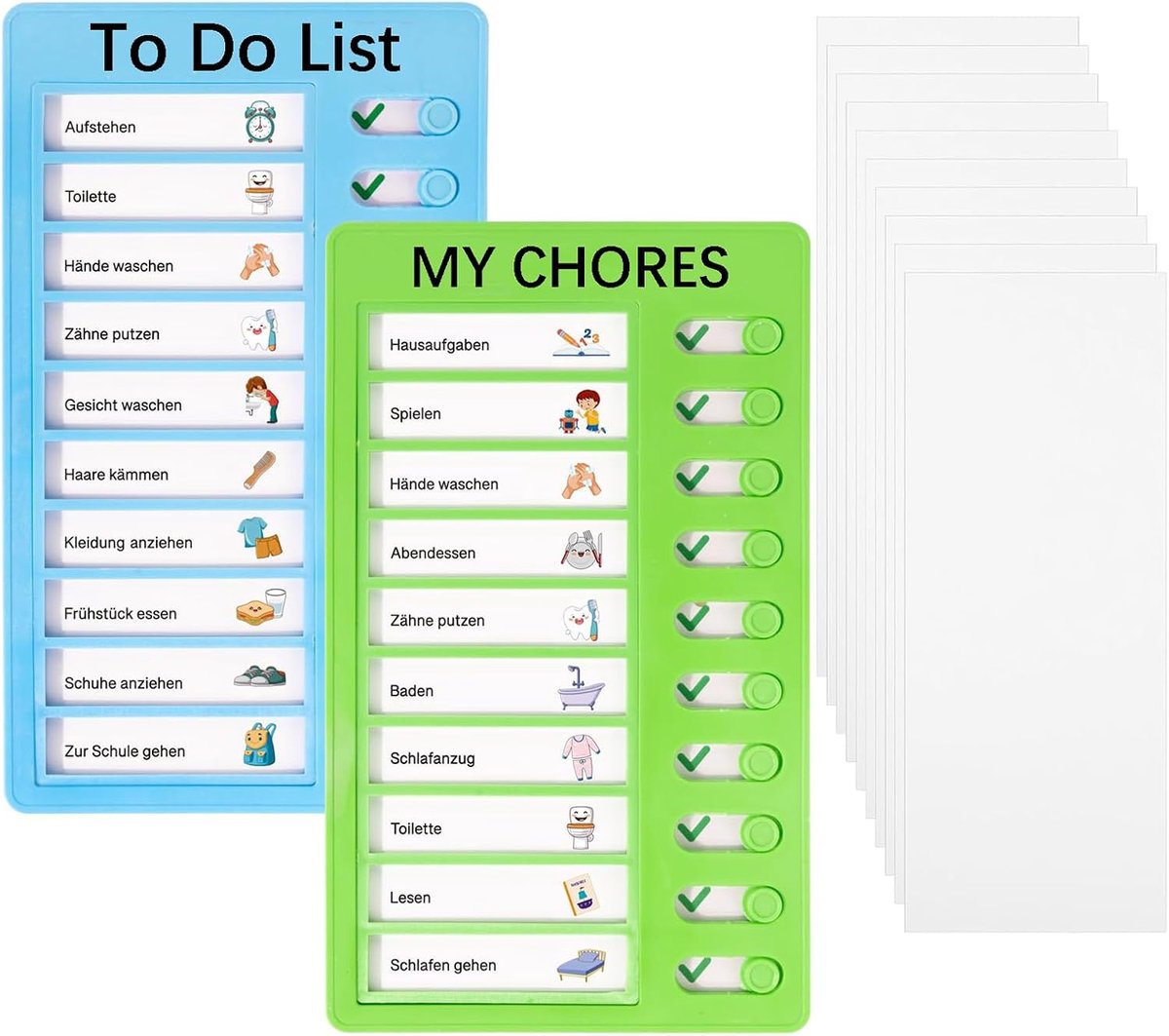 SnelShoppen - 2 Stuks Memo Checklist Borden voor Kinderen, Dagplanner met 10 Lege Kaarten, To-Do Lijst, Gezinsplanner, Taakplanner, Ochtend en Avond P