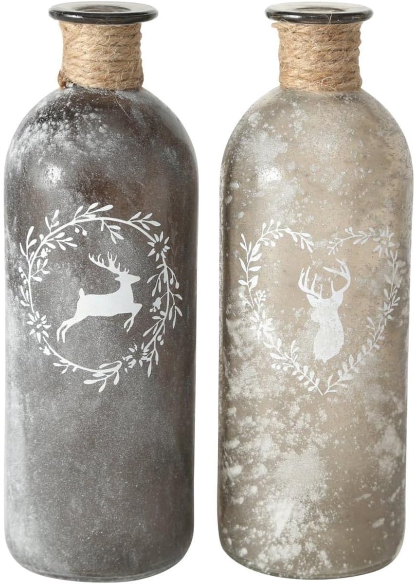 SnelShoppen - Glazen Vaas Set van 2 met Hertenmotief - Matte Decoratieve Vazen voor Woondecoratie - Landhuisstijl Tafelvazen van Glas met Sisallint -