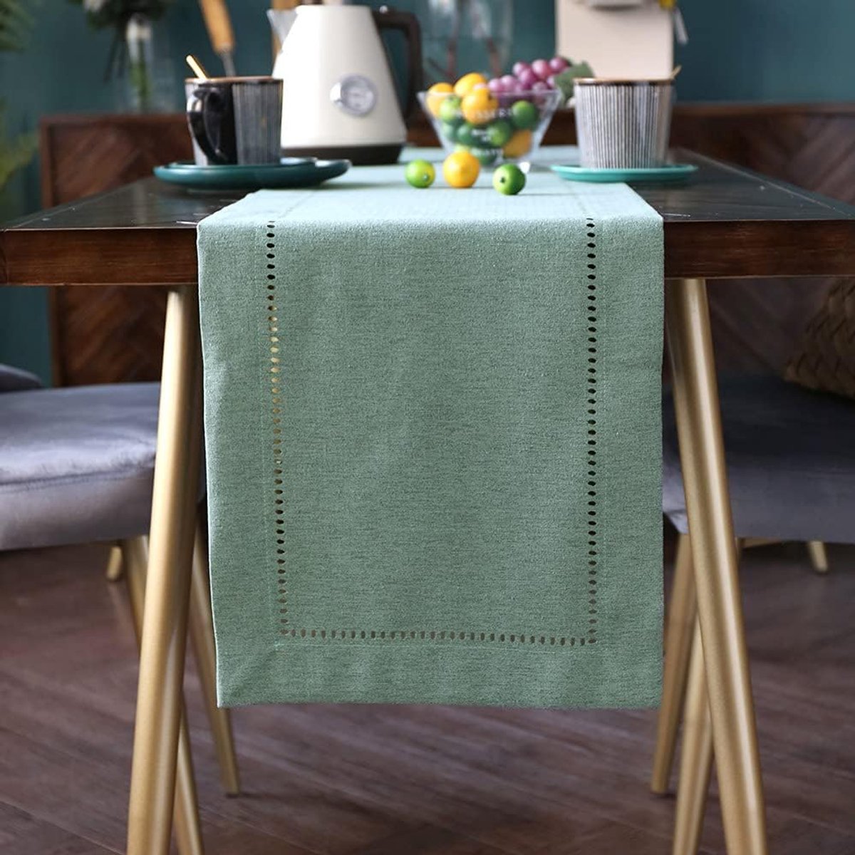 SnelShoppen - Decoratieve Linnen Tafelrunner met Laser Cut Patroon - Tafelrunner Groen 35 x 220 CM - Perfect voor Verjaardagen, Bruiloften, Feesten en