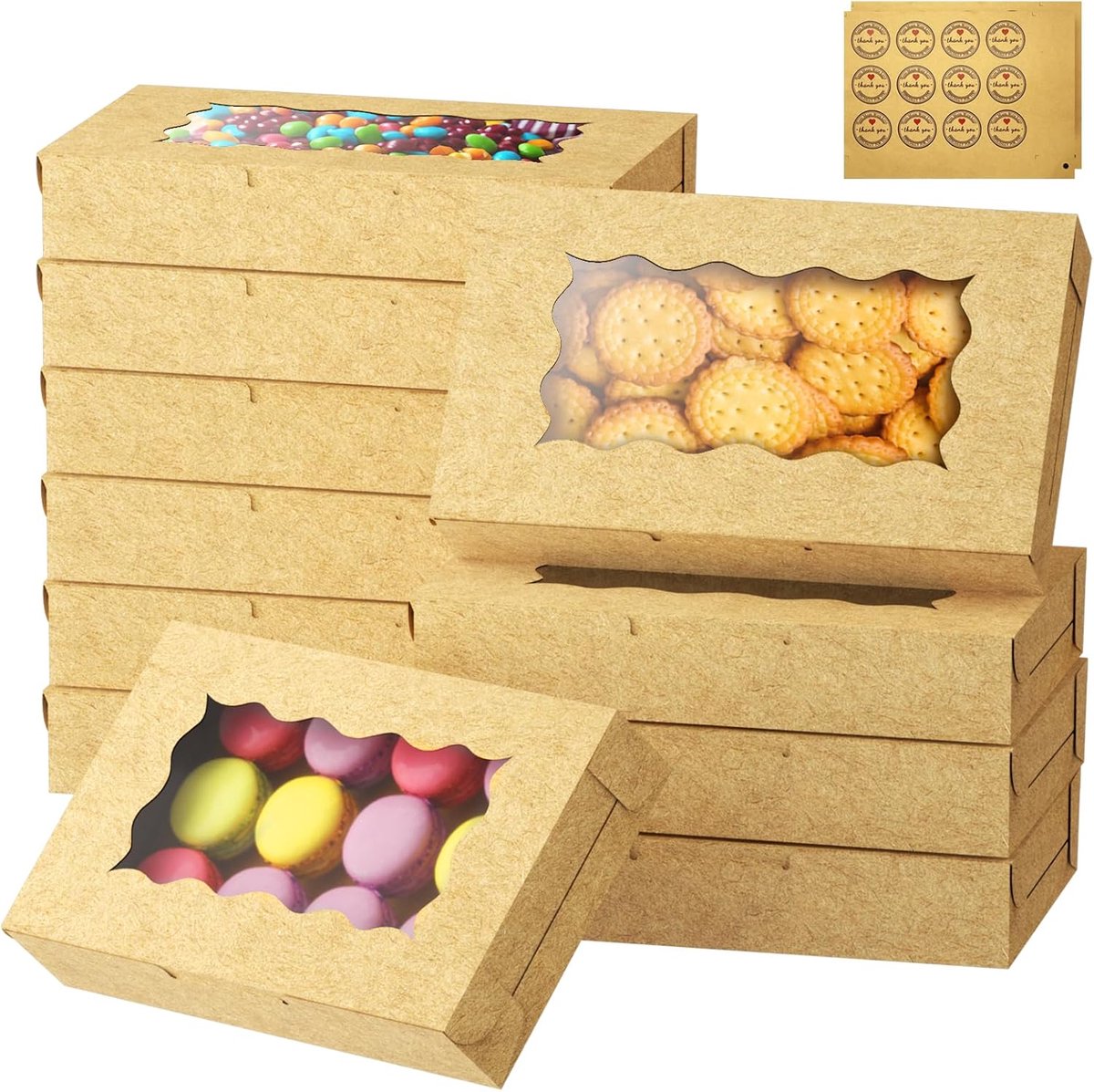 SnelShoppen - 20 Pcs Cookie Boxes met Venster 18x11x4 cm - Kraft Papier Cadeau Dozen met 12 Stickers - Wegwerp Verpakkingen voor Kerst, Verjaardag, Br