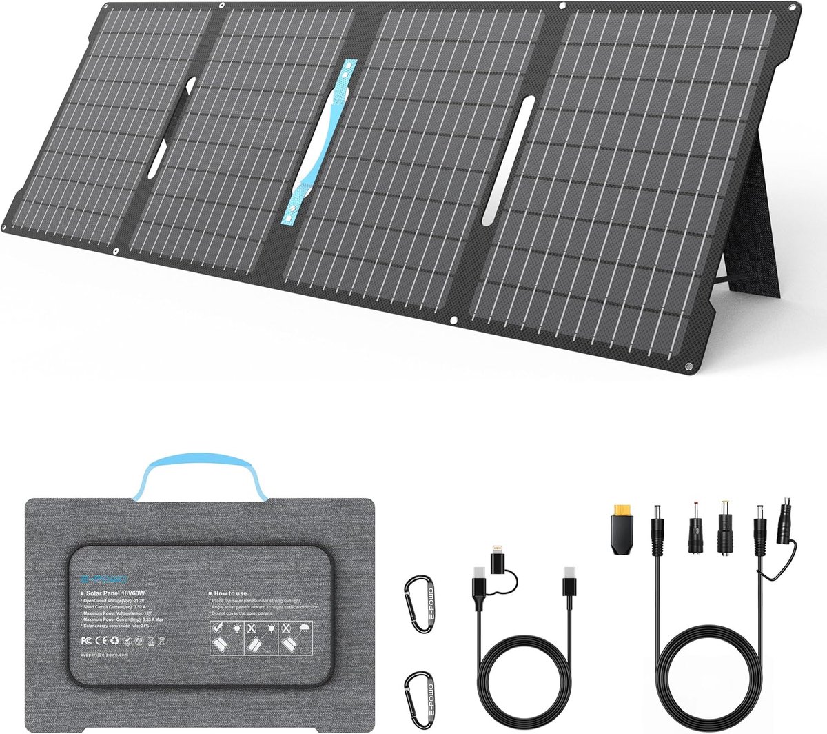 SnelShoppen - Vouwbare Zonnecharger 60W Draagbaar Monokristallijn met 24% Efficiëntie, IP67 Waterdicht, 3 Uitgangen (USB-C PD, QC3.0, DC) voor Buiten,