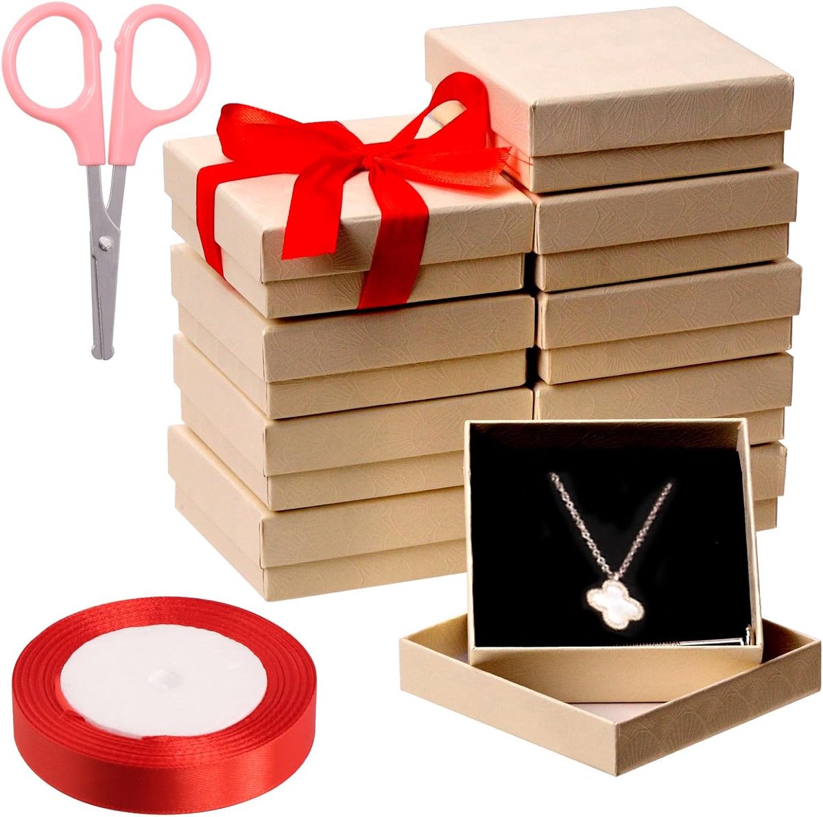 SnelShoppen - 12 Stuks Kartonnen Sieraden Geschenkdozen Set - 3.5 x 3.5 x 1.2 Inch Beige Geschenkdozen met 22.6m Rode Lint en Schaar voor Ringen, Kett